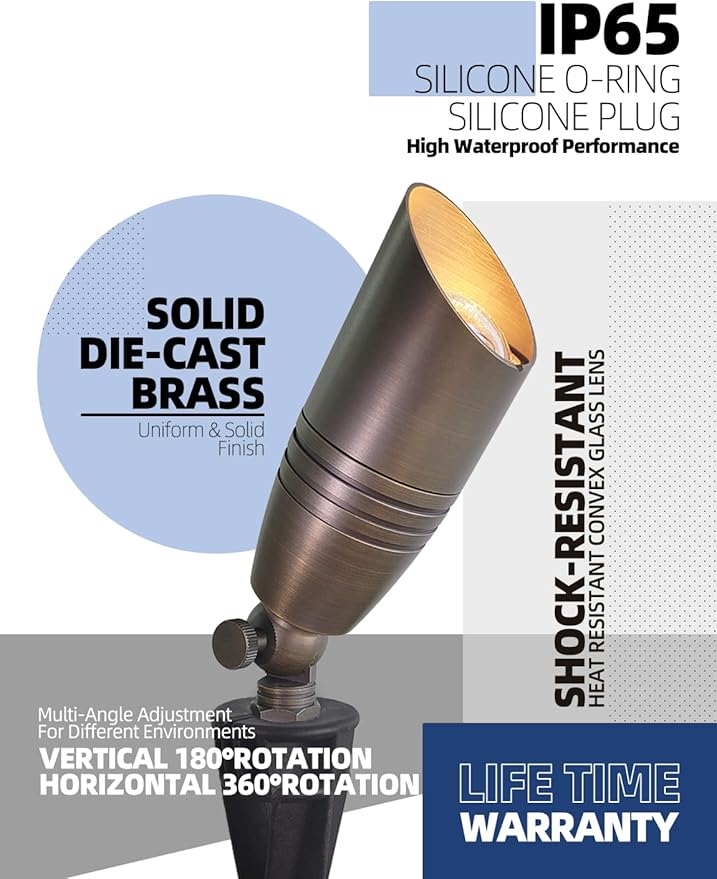 MALORY Brass Landscape Spotlights 1-Pack with MR16 Bulb(S02), 12V Low Voltage Landscape Lighting LED Outdoor Spot Uplights for House and Tree,PVC Ground Stake and Wire Connector Included, 5W 2700K