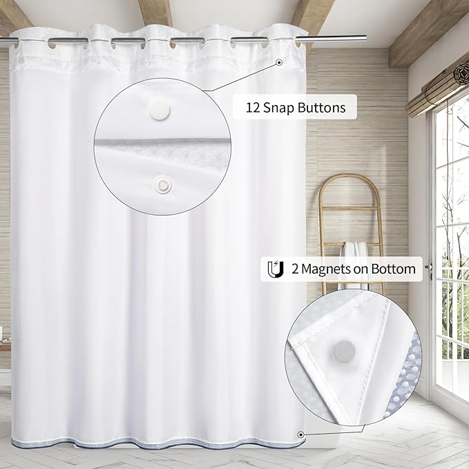 MitoVilla No Hooks Required Navy Blue Shower Curtain with Snap-in Liner, Modern Blue Ombre Waffle Weave Heavy Duty Fabric Shower Curtain for Luxury Neutral Hotel Spa Bathroom Decor, 72 x 74