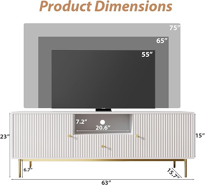 Fluted TV Stand, Modern TV Stand for 70 Inch TV, Entertainment Center with 2 Storage Cabinets, Fluted Panel Media Console for Living Room, Bedroom, Office, White