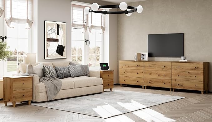 WAMPAT TV Stand Dresser for 100+ Inches TVs, 3-in-1 Wood Media Console Table with 9 Drawers, Modern Highboy Entertainment Center with Storage for Living Room Bedroom, Oak Brown