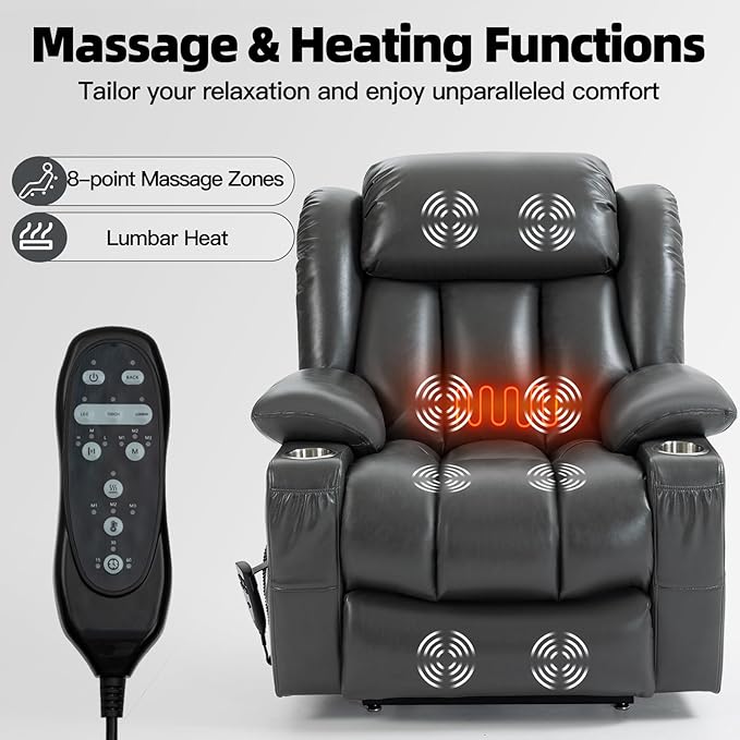 Lay Flat Lift Recliner Chair with Massage & Heat for Elderly People, Electric Power Lift Chair w/Dual Motor, 2 Stainless Steel Cup Holders and 2 Remote Controls, Breathable Faux Leather Grey