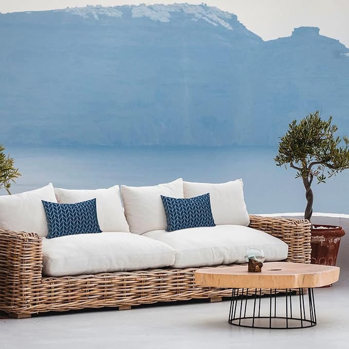 LVTXIII Set of 2 Patio Lumbar Pillows, 12”x20” Fade Resistant Outdoor Lumbar Pillow with Inners, Fluffy Decorative Garden Lumbar Cushions for Home Patio Coach Sofa Use, Herringbone Navy