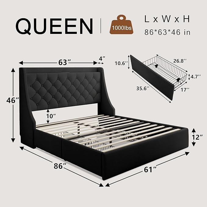 Queen Bed Frame with 4 Storage Drawers, Upholstered Modern Bed Frame with Wingback Headboard, Charging Station, No Box Spring Needed, Easy Assembly, Black