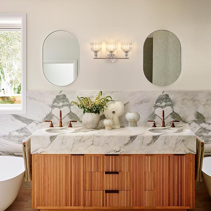 Bathroom Light Fixtures, 3-Light Vanity Wall Light Over Mirror with Clear Tulip Glass Shade for Bedroom Living Room, Satin Nickel