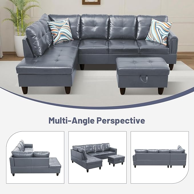 L-Shape 3-Piece Cloud Sofa, Couch for Living Room, Dark Grey Faux Leather L-Shape with Reversible Chaise & Storage Ottoman, Ergonomic 110–115° Recline, Solid-Wood Frame