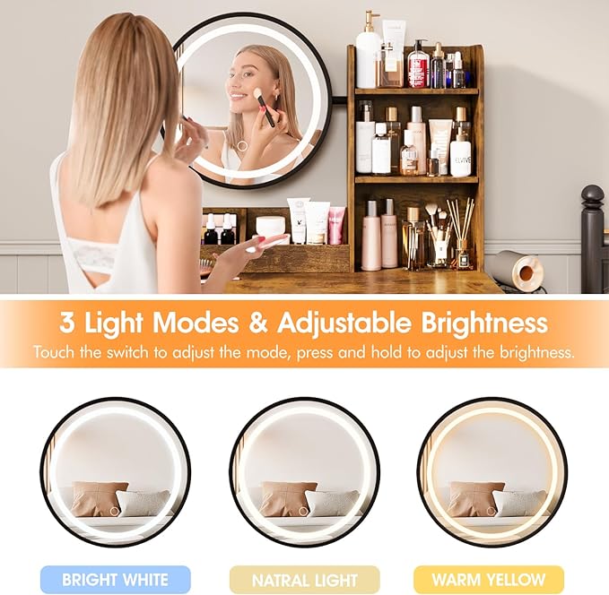 Makeup Vanity Desk with Round Mirror and Lights, White Vanity Makeup Table with 2 Drawers, Small Vanity Table for Bedroom with Lots Storage (Brown and Black, 15.75 * 31.5 * 53.6in)
