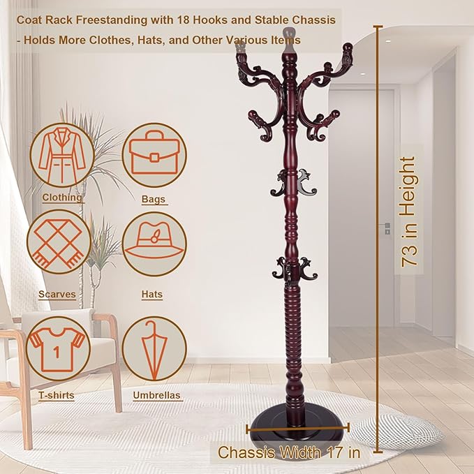 Coat Rack Freestanding with 18 Hooks, Wooden Standing Coat Racks for Entryway, Solid Wood Clothes Hanger Rack with Sturdy Round Base for Entryway, Hall, Bedroom, Office, Hallway