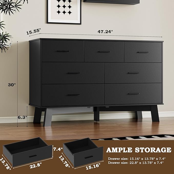 Dresser for Bedroom with 7-Drawer, 47.2" Wide Modern Chest of Drawers with Metal Handles, X-Shape Base & Adjustable Center Leg, Anti-Tip Closet Organizers and Storage