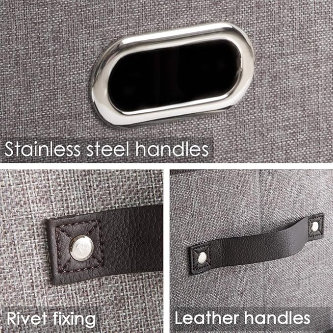 PRANDOM Larger Collapsible Storage Bins for Closet [5-Pack] Decorative Linen Fabric Storage Baskets Cubes with Leather/Metal Handles for Living Room Grey (17.3x12.2x10.4 Inch)