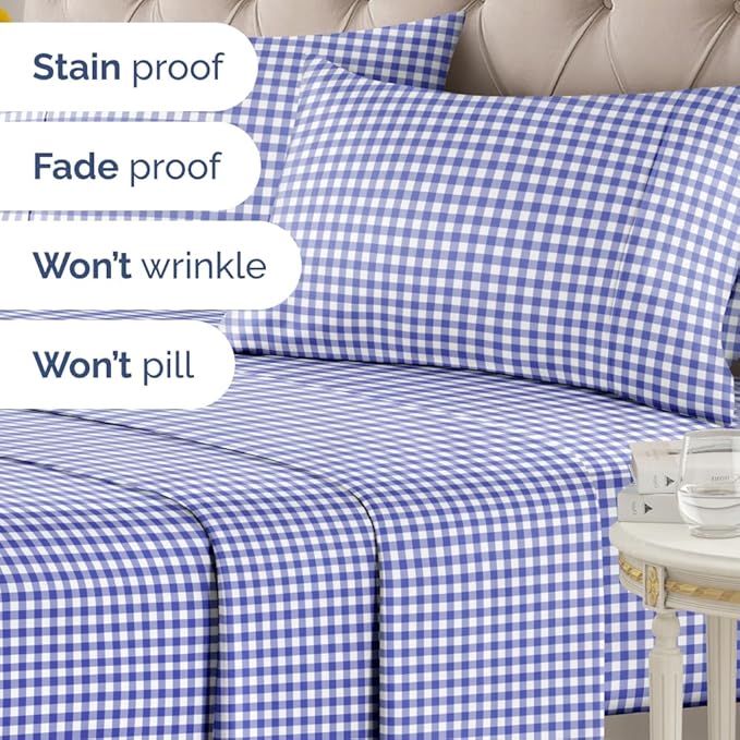Blue Gingham Sheets - 1 Flat & 1 Fitted Sheet & 2 Pillowcases w/ Deep Pockets - Grid, Plaid, Checkered Pattern Bed Set - Comfy, Wrinkle & Fade Resistant - Ultra-Soft, Breathable & Cooling - King Size