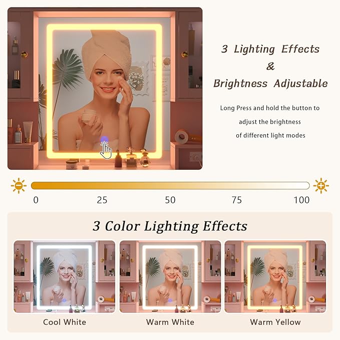 Vanity Desk with LED Lighted Mirror, 41.3" Makeup Vanity Table with Power Outlet and Lots Storage, 6 Drawers and Storage Shelves for Bedroom, Dressing Table with RGB Cabinets, Pink