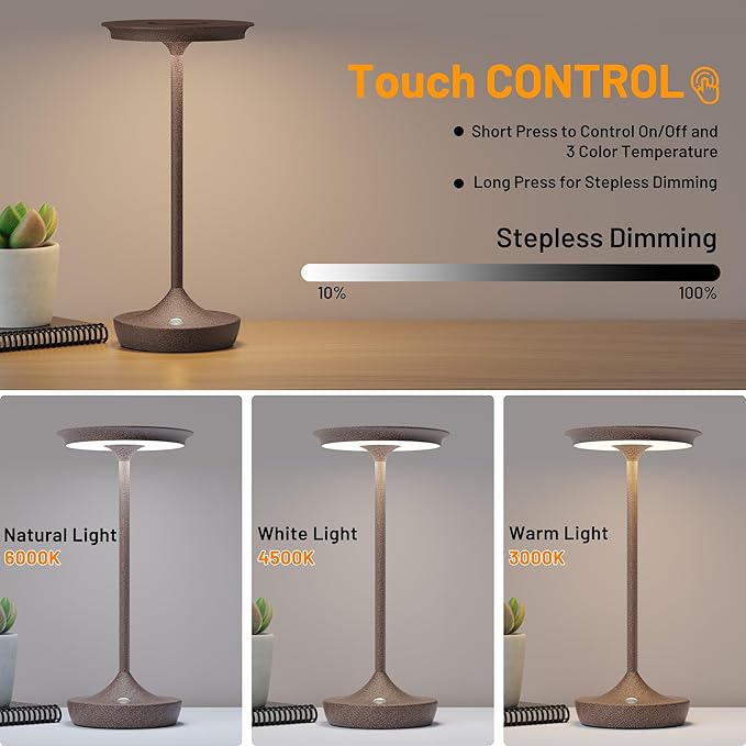 YHT Cordless Rechargeable Table Lamps, Portable 6000mAh Battery Desk Lamp Waterproof 3 Color Stepless Dimming LED Table Light with Memory Function for Outdoor/Dinning/Patio/Restaurant (Rust 1Pack)