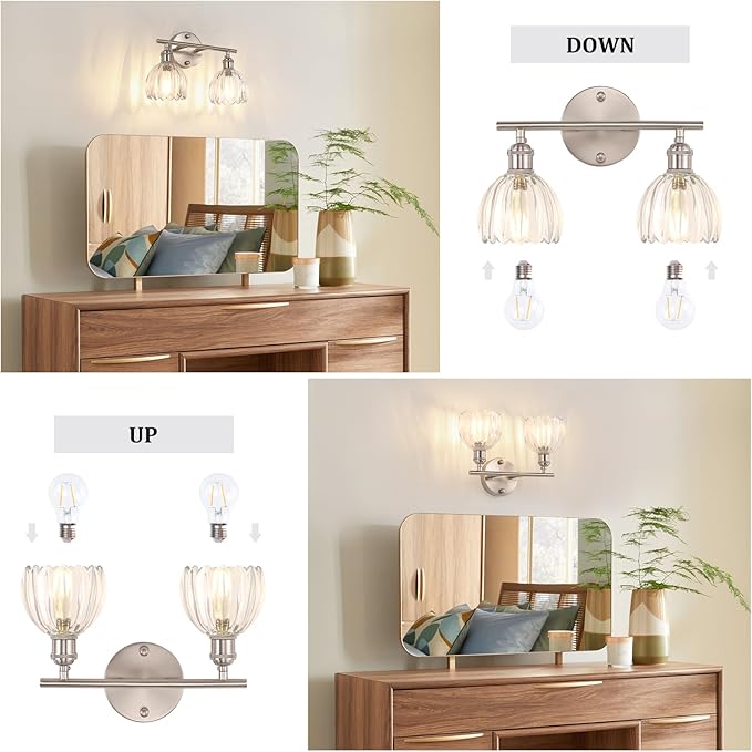 Bathroom Light Fixtures, 2-Light Vanity Wall Light Over Mirror with Clear Tulip Glass Shade for Bedroom Living Room, Satin Nickel