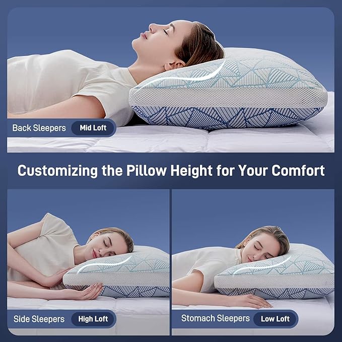 Shredded Memory Foam Cooling Soft Bamboo Viscose Pillows Queen Size Set of 2, Adjustable Hypoallergenic Hotel Quality Pillows for Side, Back or Stomach Sleeper, Oeko-TEX Certified