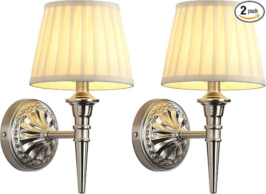 KDG Cordless Wall Sconces Set of 2, Small Wireless 5200mAh Rechargeable Battery Fabric LED Wall Lamps, Portables Lightings for Wall Painting, Living Room, Bedroom, Hallway, Gifts, Night Light (Nickel)