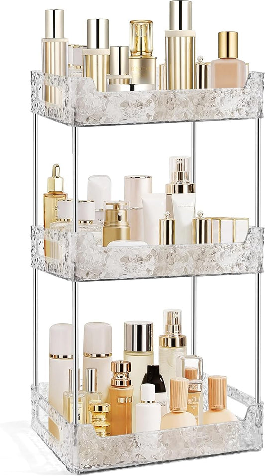 3-Tier Bathroom Counter Organizer Countertop Storage, Dresser Organizer Vanity Tray for Makeup, Perfume Organizer Cosmetics Skincare Shelf - Clear