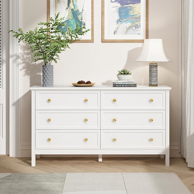 CARPETNAL White Dresser for Bedroom, 55 Inch 6 Drawer Dresser with Wide Drawer and Gold Handles, Woode Dressers & Chests of Drawers for Hallway, Entryway.