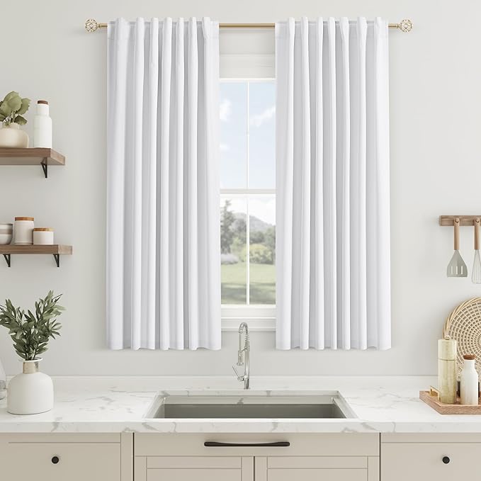 Guken White Linen Blackout Curtains 54 Inch Length 2 Panels Set for Living Room Bedroom Back Tab Thermal Insulated 100% Black Out Linen Drapes Room Darkening Window Curtains 54 Inches Long White