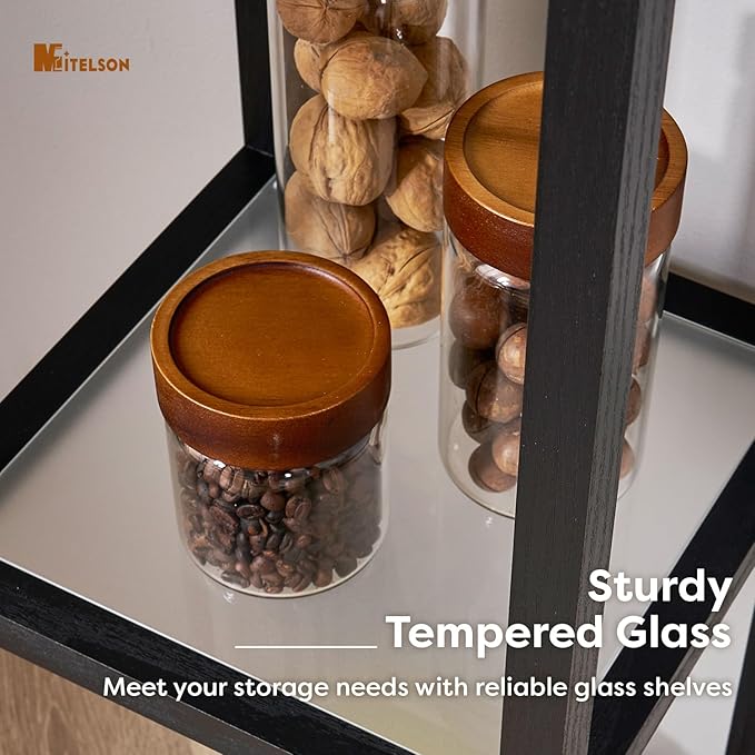 Floor Lamp with Shelves, Modern Square Standing Lamp with Glass Shelves, Corner Display Shelf with Light, Tall Lamp with Shelves for Living Room, Bedroom, Office, Bookshelf, Black