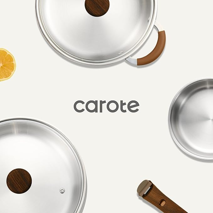 CAROTE 10pcs Stainless Steel Cookware Set with Detachable Handle, Pots and Pans Set, Induction Kitchen Cooking Sets, RV/Camping Cookware, Removable Handle, Oven Safe, Woodgrain
