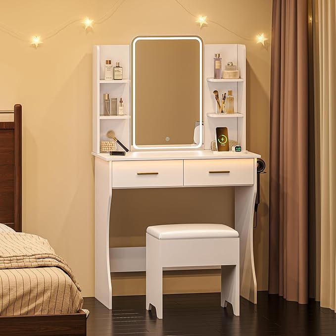 Makeup Vanity Desk with Mirror and Lights, White Vanity with Power Outlet and LED Lights, Vanity Table with 2 Drawers and 6 Storage Shelves, Vanity Set with Chair for Bedroom