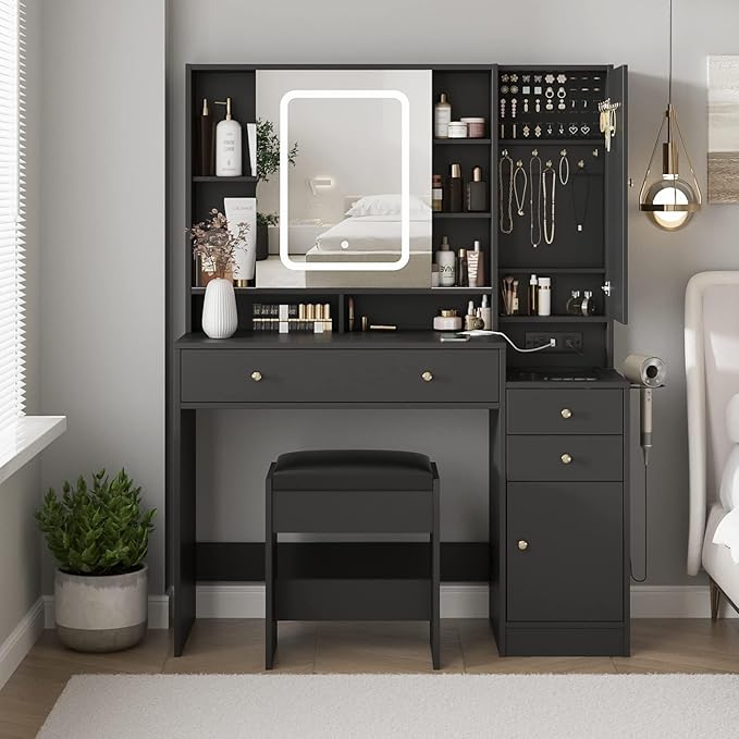 Vabches Vanity Desk with Mirror and Lights, Vanity Table Makeup Vanity with Lights 3 Drawers and Cabinets, Charging Station & Sliding Door, Lots Storage Shelves