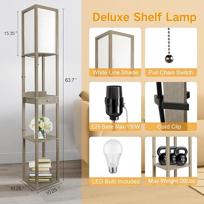 OUTON Deluxe Shelf Floor Lamp with 1 Drawer, 2 USB-C Ports, 2 AC Outlets, LED Modern Floor Lamp with 3 Color Temperature, Storage Display Wood Standing Lamp for Living Room, Bedroom, Office (Grey)