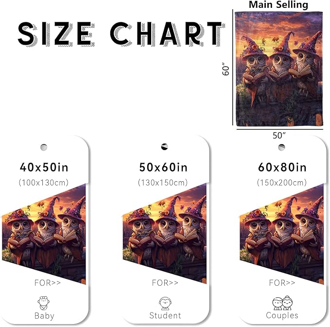 Magical Owl Witches Blanket, Cozy Flannel Owls in Witch Hats Throw Blanket for Couch Outdoor, Plush Soft Lightweight Travel Blankets for Bed Decor and Gifts, for Women Men Adults Kids 60"x80"