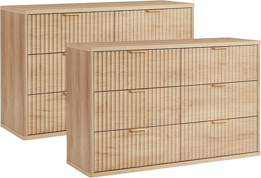 LEYAOYAO Fluted 6 Drawers Dresser Set of 2, 48" Wide Modern Chest of Drawers with Metal Handle, Natural Curved Profile Dresser TV Stand, Wooden Drawer Organizer for Bedroom, Living Room, Hallway