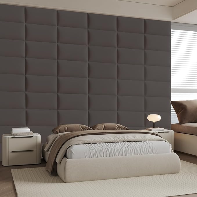 Gray Stick-On Wall Mounted Headboard - 6-Piece Modular Padded Bed Backboard for Queen and King Size Beds, 24 x 12 Inches Each, Easy-to-Install Sound-Proofing Upholstered Bed Headboard