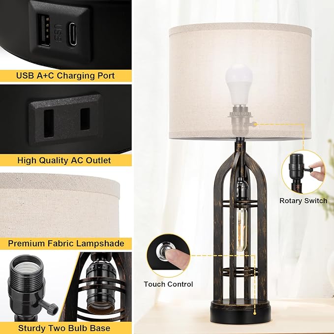 Seealle Table Lamp for Living Room Set of 2 - Copper Bedside Lamp for Bedroom with USB C+A & Outlet, Farmhouse Lamps for Night Stands, 3-Way Dimmable Touch Lamps for Living Room