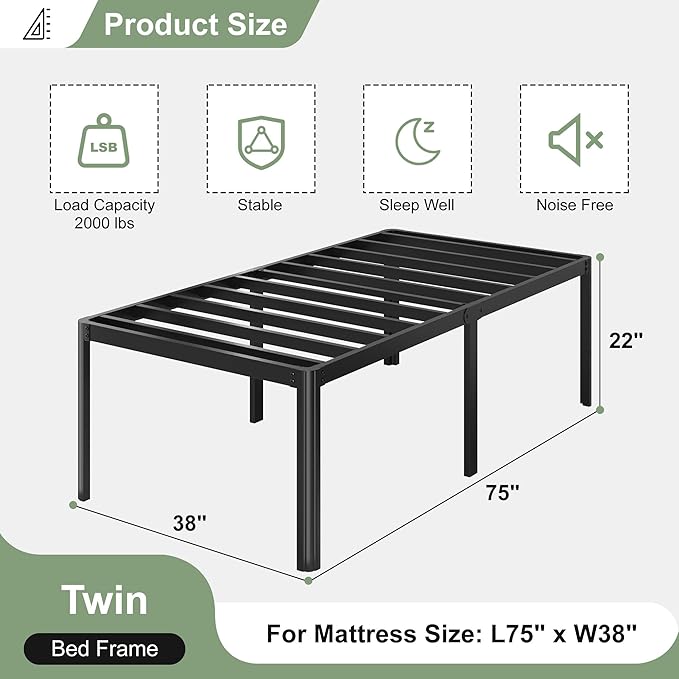 22 Inch High Twin Bed Frames with Rounded Corner Legs, Heavy Duty Metal Twin Platform Bed Frame with Steel Slats Support, No Box Spring Needed, Noise Free, Easy Assembly