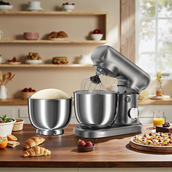Stand Mixer with 3QT+3.5QT Dual Bowls, 10-Speed Electric 300W Food Mixer - Includes Egg Whisk, Dough Hook & Flat Beater for Home Baking & Daily Cooking (GraySilver)