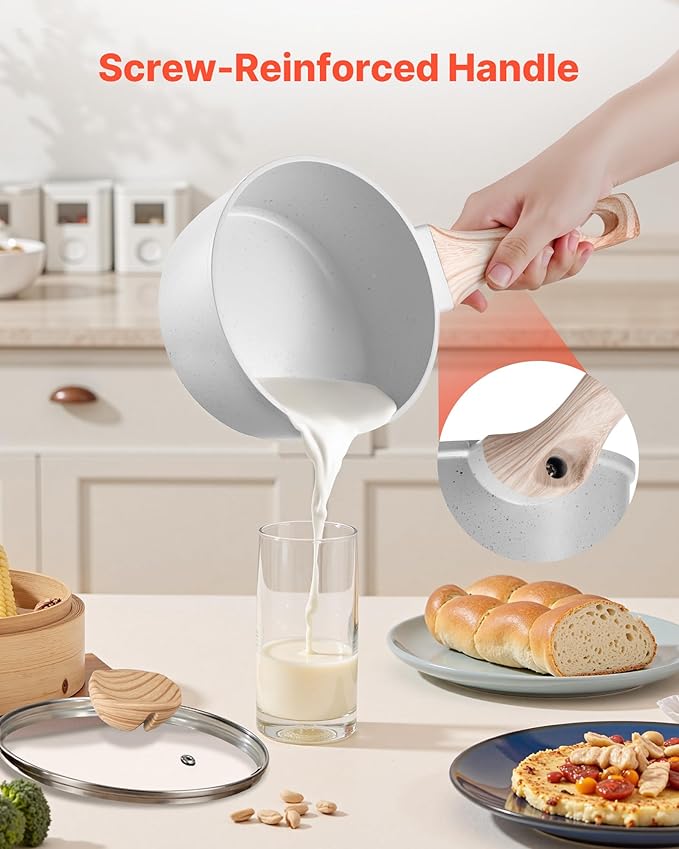 VEVOR 1.5 QT Saucepan, Nonstick Saucepan with Tempered Glass Lid, Multipurpose Cooking Sauce Pot with Detachable Handle, Sauce Pan Small Kitchen Cooking Pot with Coating, Induction Compatible, White