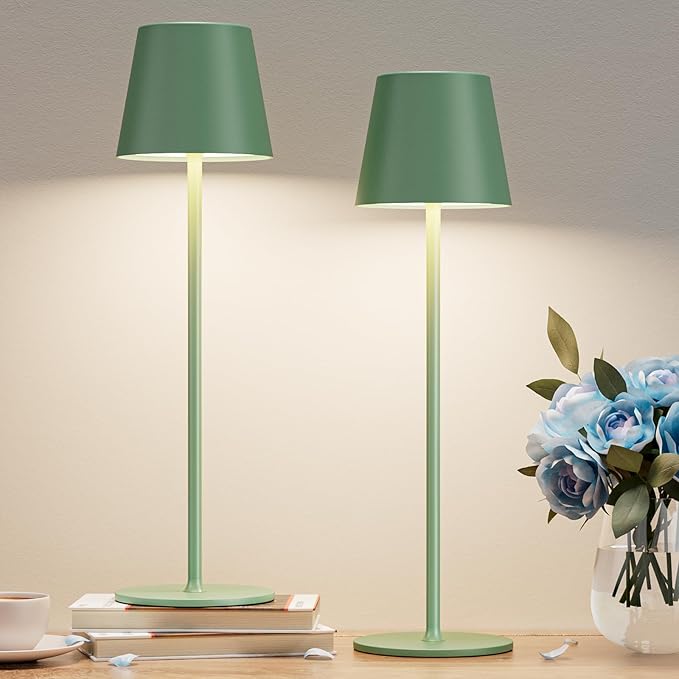Kakanuo Cordless Table Lamp Rechargeable Green - KK 2 Pack 5000mAH Battery Operated Lamp for Dining Table, 3 Color Stepless Dimming Wireless Lamp for Counter, Outdoor Patio, Touch Control