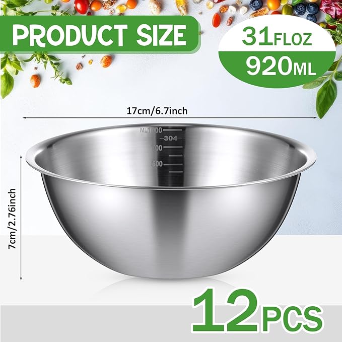 Honeydak 12 Pcs 304 Stainless Steel Mixing Bowls with Graduations, 31 oz Salad Bowls Metal Serving Reusable Baking Food Storage Containers for Baking, Cooking, Making Salads, Soups, Ice Cream, Noodles