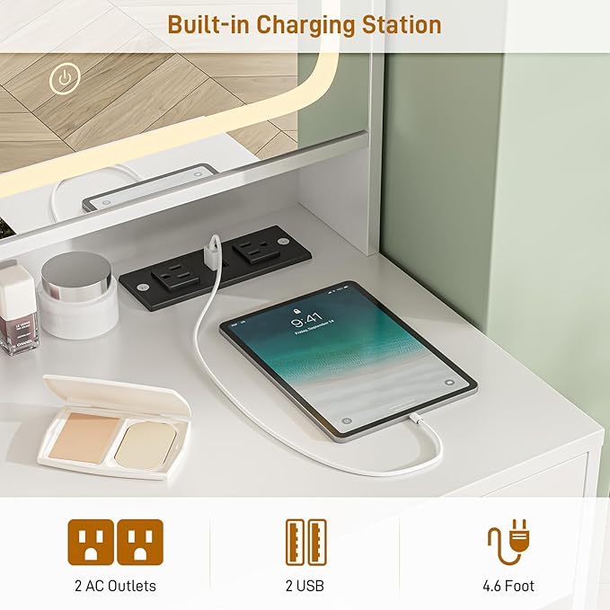 Vabches Makeup Vanity with LED Lights Mirror and Charging Station, Vanity Desk with Multiple Shelves and Drawers, Makeup Desk with Stool, Dressing Desk with 3 LED Light Models for Bedroom, White