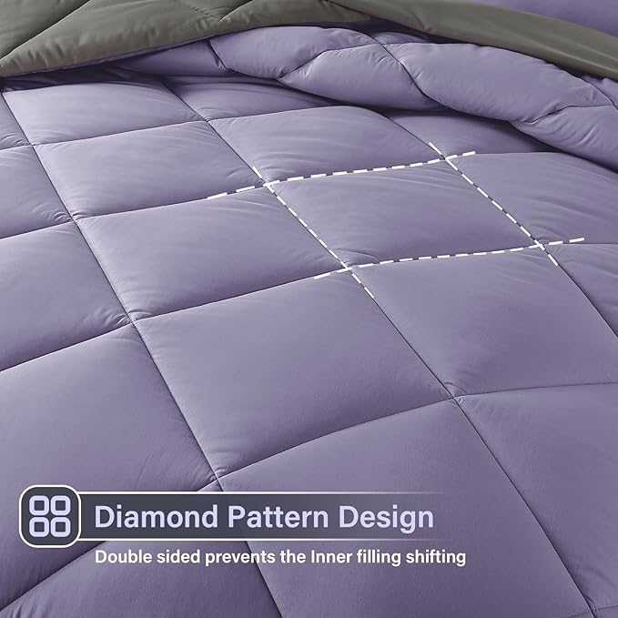 Cosybay Bed in a Bag Full Reversible Comforter Sets 7pcs All Season Down Alternative Bedding Sets Lavender and Grey with Comforter, Pillow Shams, Flat Sheet, Fitted Sheet and Pillowcase