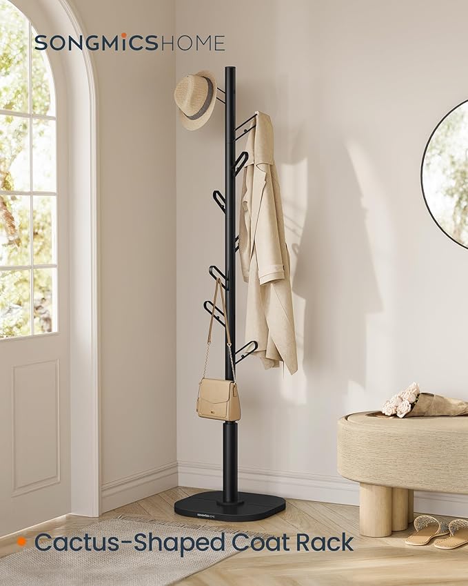 SONGMICS HOME Tree-Shaped Coat Rack, Freestanding, Stand with 8 Sturdy Hooks, with Curved Edges, 69 Inches Tall, for Clothes, Hats, Bags, Ink Black URCR037B01