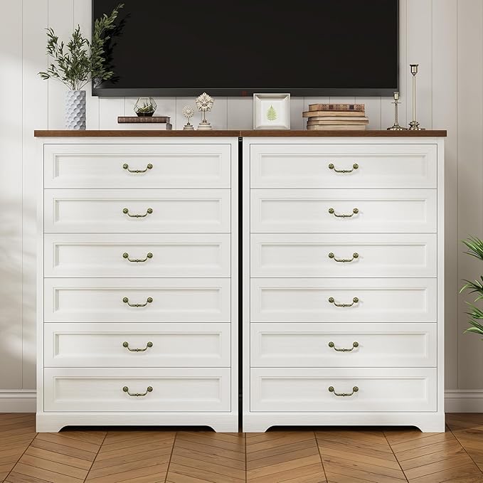 DICTAC Farmhouse 6 Drawers Dresser for Bedroom,51.2" Tall Rustic Wood Chest of Drawers,Large Storage Chest with Vintage Metal Handles, White Dresser for Bedroom,Closet,Hallway,White