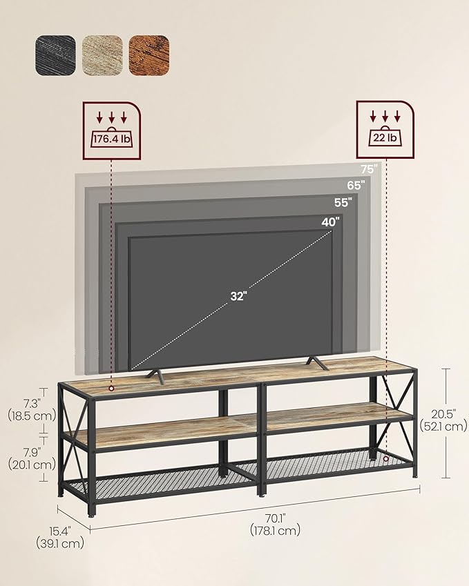 VASAGLE TV Stand, TV Console for TVs Up to 75 Inches, TV Table, 70.1 Inches Width, TV Cabinet with Storage Shelves, Steel Frame, for Living Room, Bedroom, Turquoise Brown and Black ULTV096B60