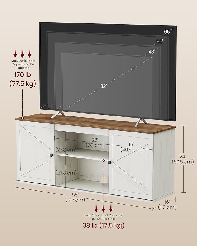 VASAGLE Farmhouse TV Stand for TVs up to 65 Inches, Entertainment Center with Storage Cabinets and Sliding Barn Doors, Media Console Table for Living Room, Rustic White and Honey Brown ULTV535W01