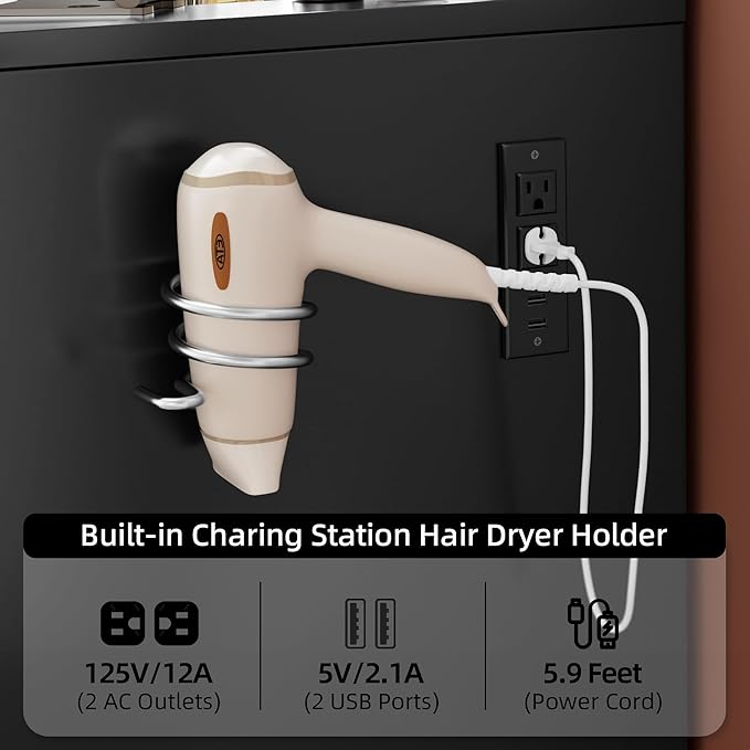 Makeup Vanity Desk with Lights, 46'' Glass Top Vanity Set with Charging Station, 7 Drawers Vanity Table with Cushioned Stool, 3 Lighting Modes Brightness Adjustable,Black