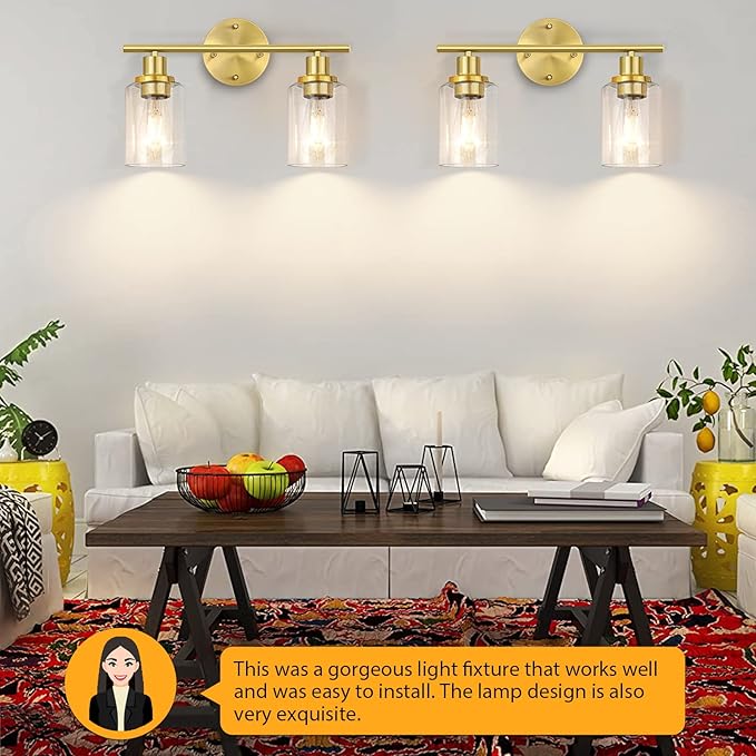 FOLKSMATE Bathroom Light Fixtures, 2-Light Brushed Brass Vanity Light, Gold Wall Sconces Lighting, Modern Bath Wall Mounted Lighting with Glass Shade, Porch Lamp for Mirror, Bedroom, Hallway