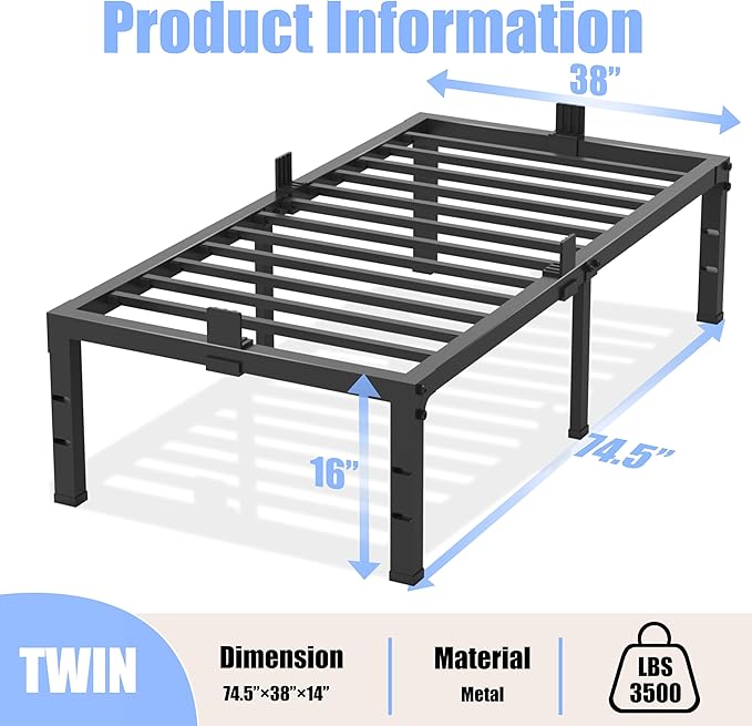 Twin Bed Frames 16 inch High 3500 lbs Heavy Duty Metal Platform Mattress Foundation with Steel Slat Support/No Box Spring Needed/Noise Free/Non-Slip/Easy Assembly