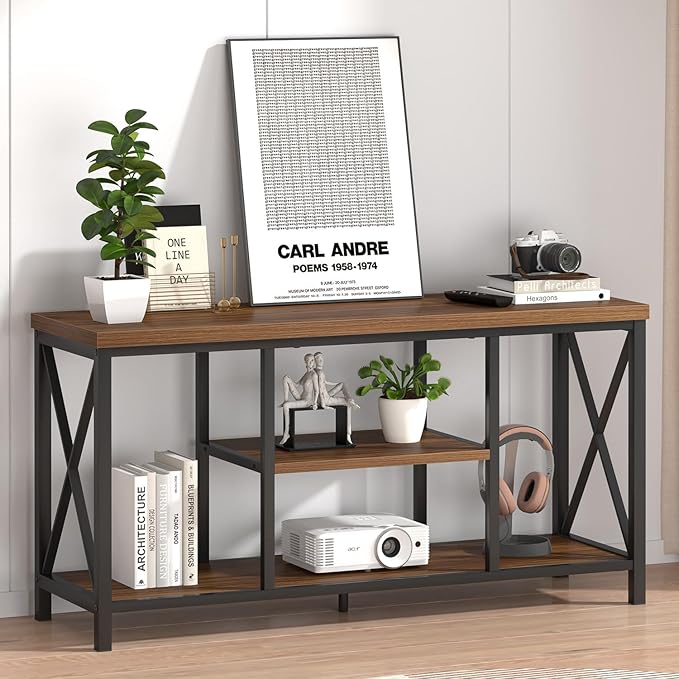 FOLUBAN Modern Entertainment Center for TVs up to 55 Inch, Rustic Wood Television Stands, Industrial TV Console and TV Cabinet for Living Room Bedroom, 47 Inch Rustic Walnut