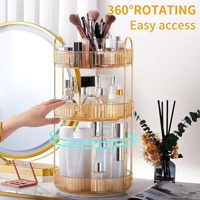 360° Rotating Makeup Organizer, Large-Capacity Skincare Make Up Storage 3 Tier Perfume Organizers Cosmetic Dresser Organizer with Makeup Brush Holder, Fits Bedroom, Bathroom, Vanity Shelf Countertop