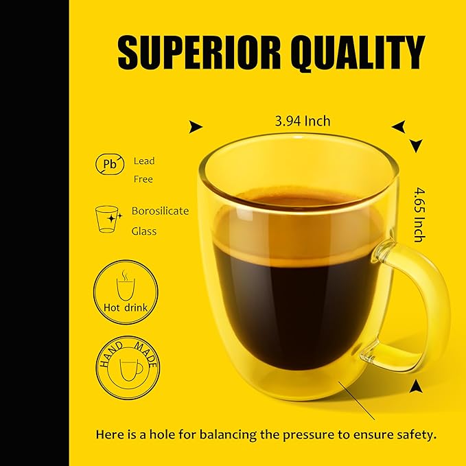 PunPun 17OZ. 500ml Clear Coffee Mugs, Glass for Coffee, Double Wall Insulated Glass Mugs with Big Handle, Every Day for Americano, Latte, Cappuccinos and Beverage.Set of 4