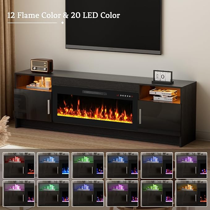 70'' TV Stand with Fireplace-Black Entertainment Center for 75+ inch TV- TV Cabinet with LED Light, Storage, High Glossy Door, Modern TV Console for Living Room