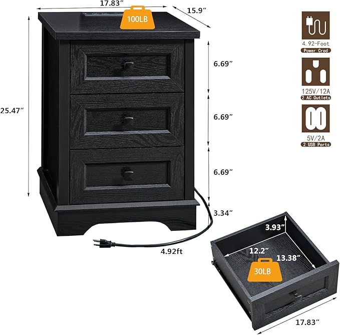 LIDYUK 3 Drawer Black Dresser for Bedroom Farmhouse Dresser Chest of Drawers, 25" Tall Nightstand with Charging Station Chest of Drawers for Bedroom, Living Room